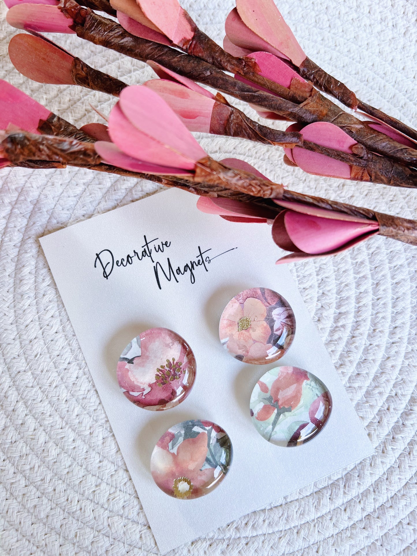 DECORATIVE MAGNETS SET ~ Peach Green Gold Florals