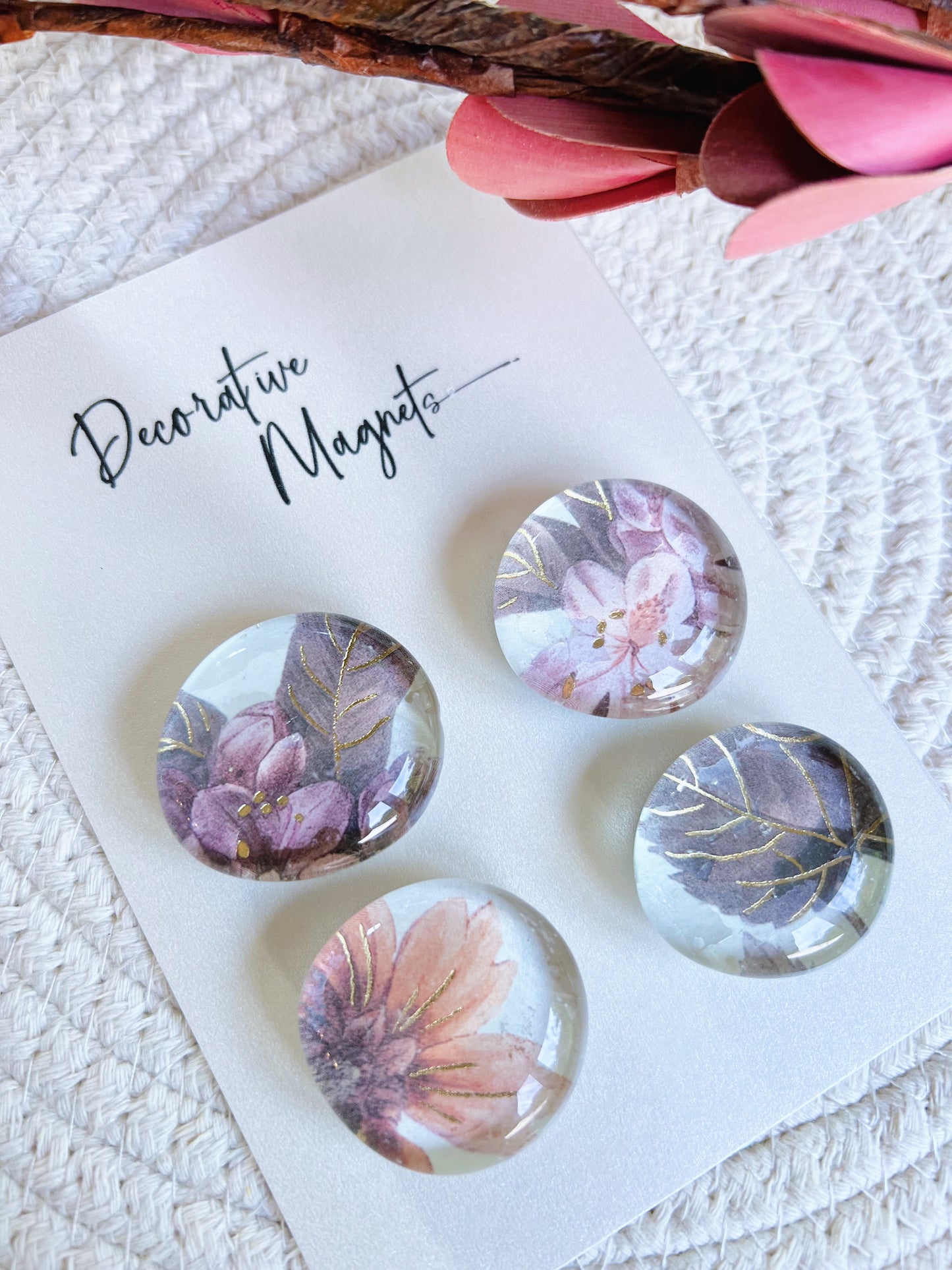 DECORATIVE MAGNETS SET ~ Rosé Brown Gold Florals