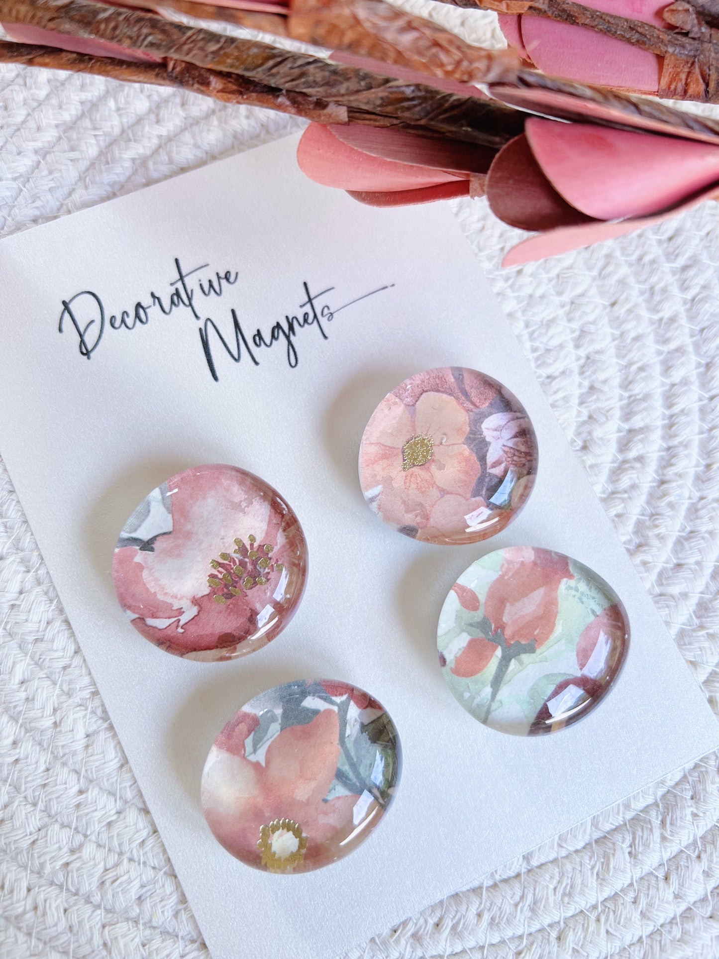 DECORATIVE MAGNETS SET ~ Peach Green Gold Florals