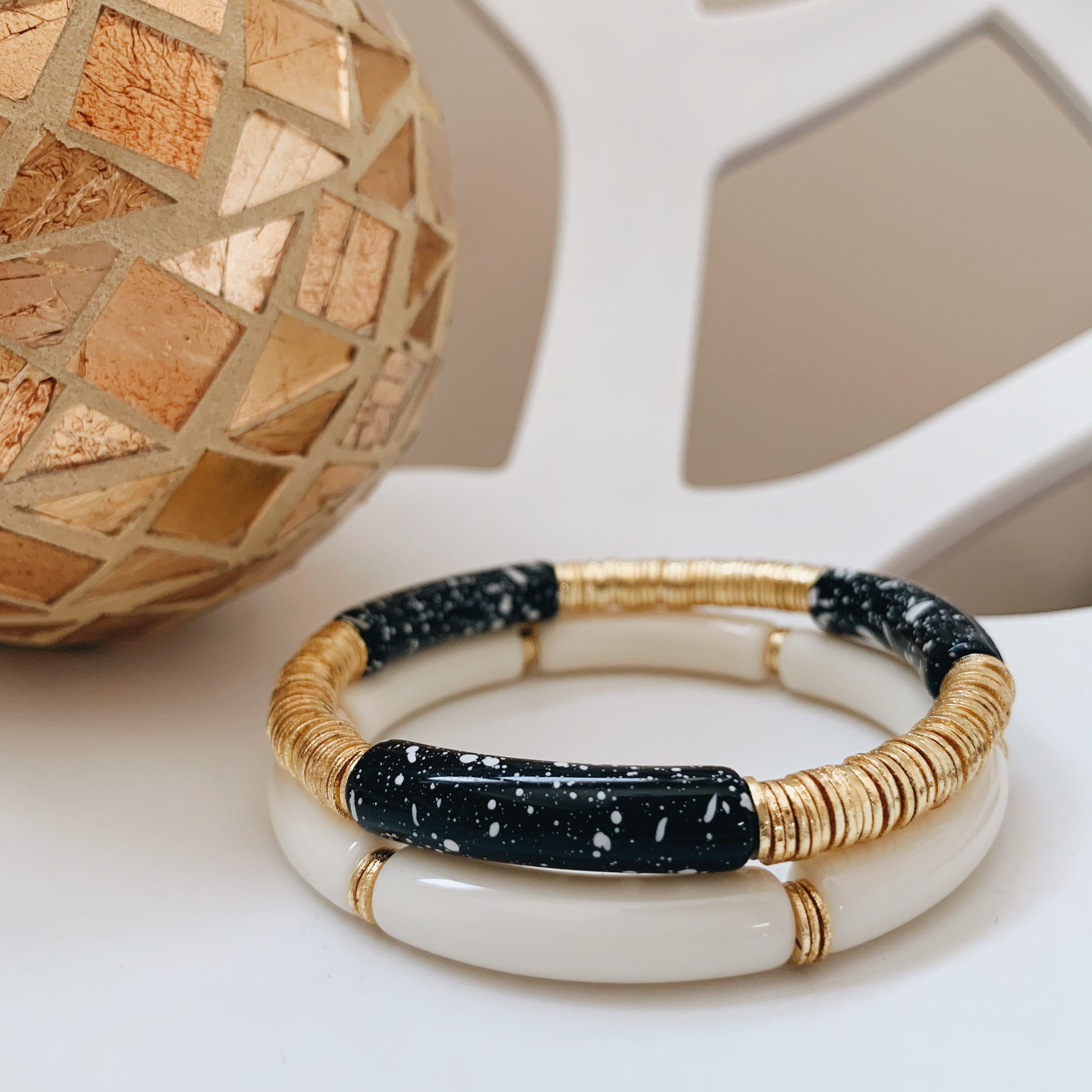 Black and shops White Heishi Bracelet Stack w/ Gold Accents